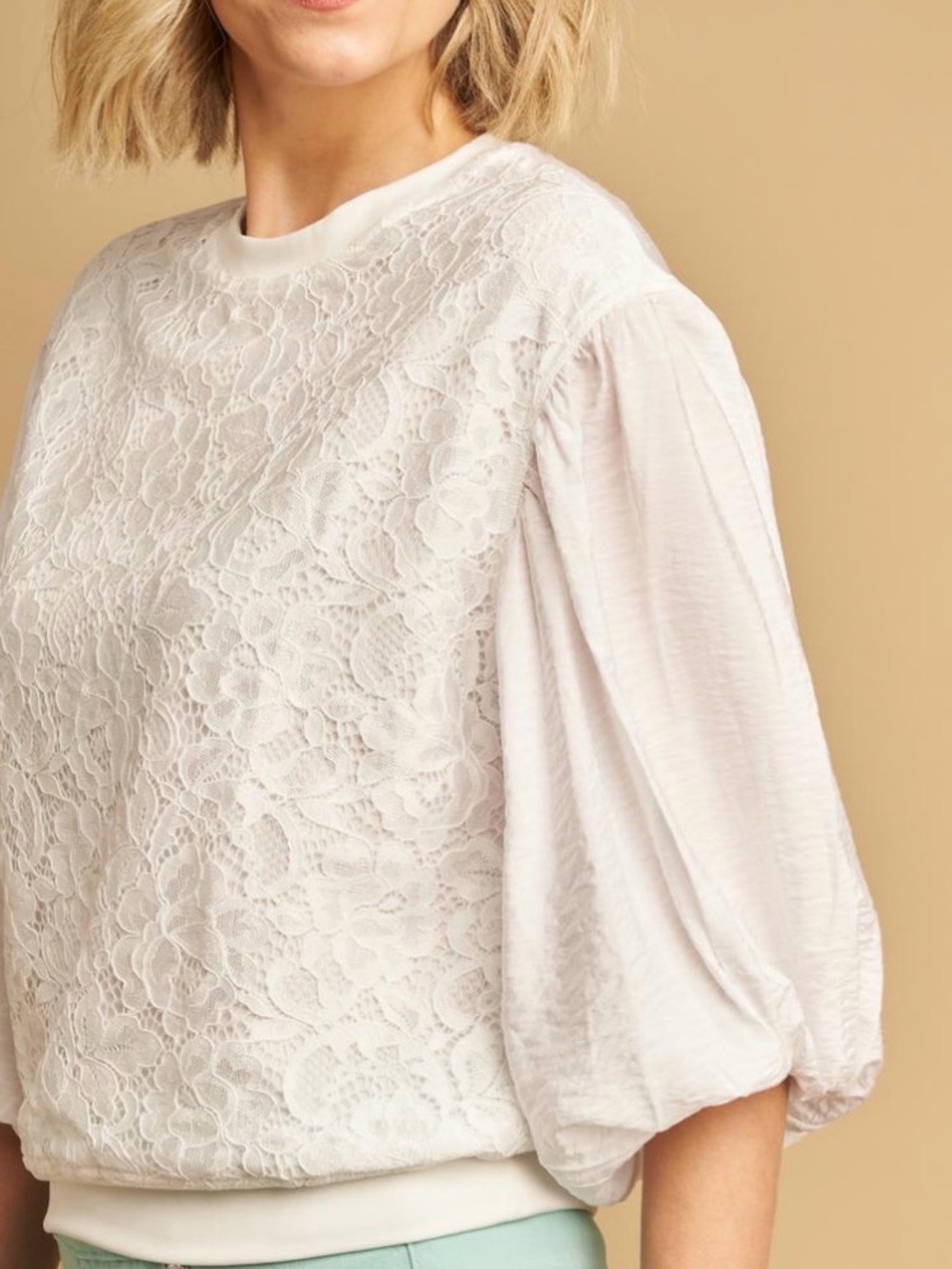 DG2 by Diane Gilman XL Women's White Lace Front Puff-Sleeve Top